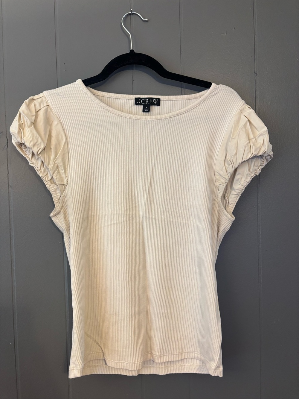 J. Crew Cream Ribbed Puff-Sleeve Tee